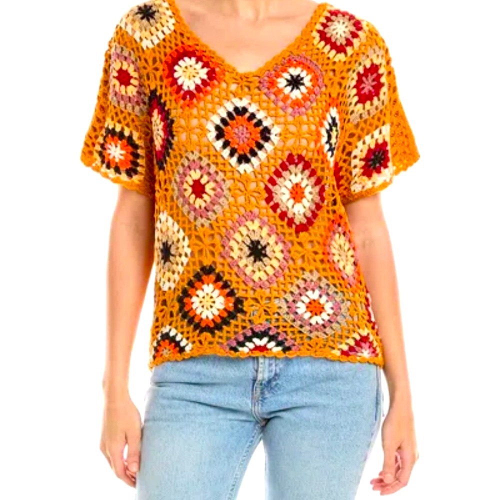 Rain & Rose Vibrant Orange and Red Granny Style V Neck Sweater  NWOTS